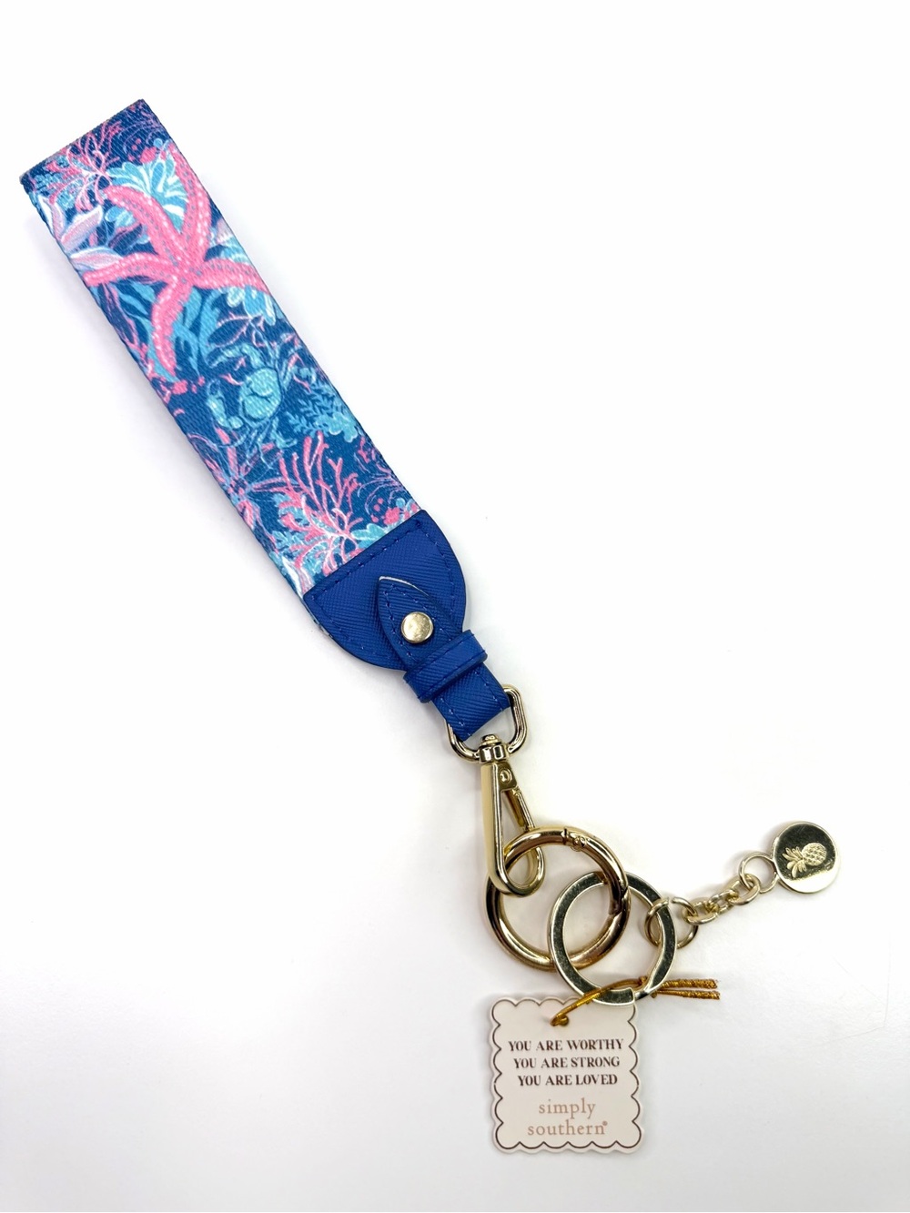 Simply Southern Blue Pink Sea Coastal Wristlet Keychain Loop Fob